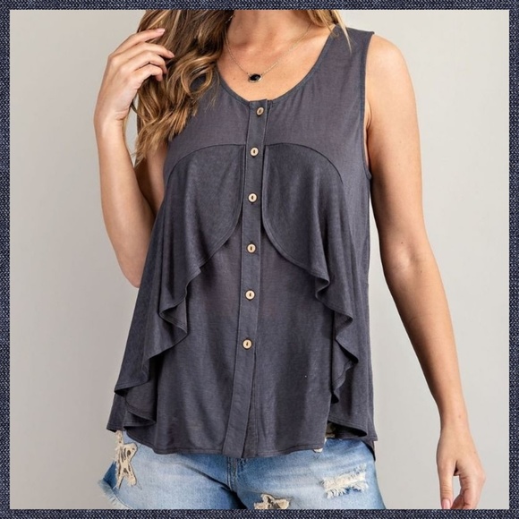 EASEL Button Down Flowy Tunic Top Ruffle Detail Front Pleated Back - Picture 7 of 14